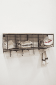 Large Wire Mesh Four Horizontal Cubbies With Wooden Top