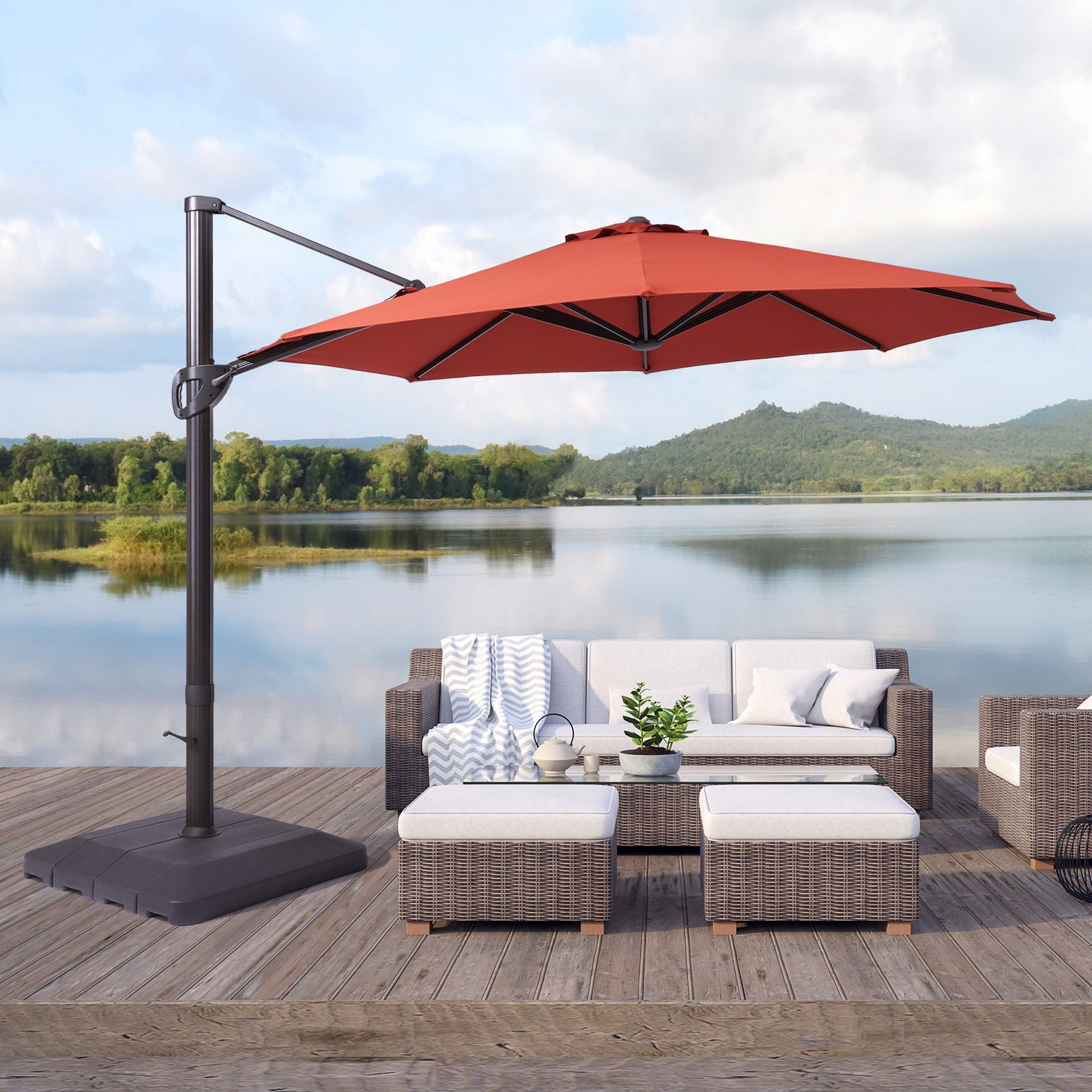Patio Cantilever Umbrella with Weight Base for Deck, Pool and Backyard in Red Patio Cantilever Umbrella with Weight Base for Deck, Pool and Backyard in Red