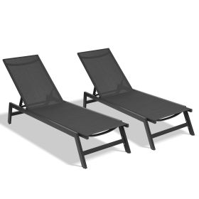 Outdoor 2-Pcs Set Chaise Lounge Chairs; Five-Position Adjustable Aluminum Recliner; All Weather for Patio; Beach; Yard; Pool ( Grey Frame/ Black fabri