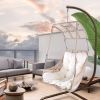 Swing Egg Chair with Stand Indoor Outdoor, UV Resistant Cushion Hanging Chair with Cup Holder, Anti-Rust with Wicker Rattan Frame 350lbs Capacity Hamm