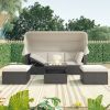 Outdoor Patio Rectangle Daybed with Retractable Canopy;  Wicker Furniture Sectional Seating with Washable Cushions;  Backyard;  Porch